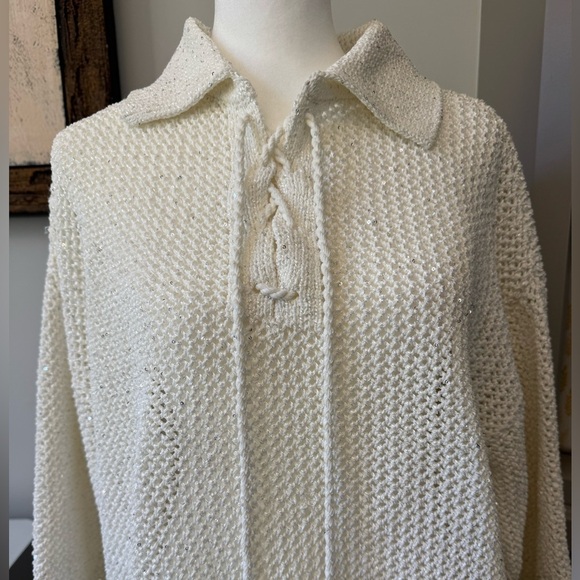 JOIE Cross Stitch Silver Sparkle Cream Knit Pullover Sweater Women’s Sz L NWT - Picture 11 of 11